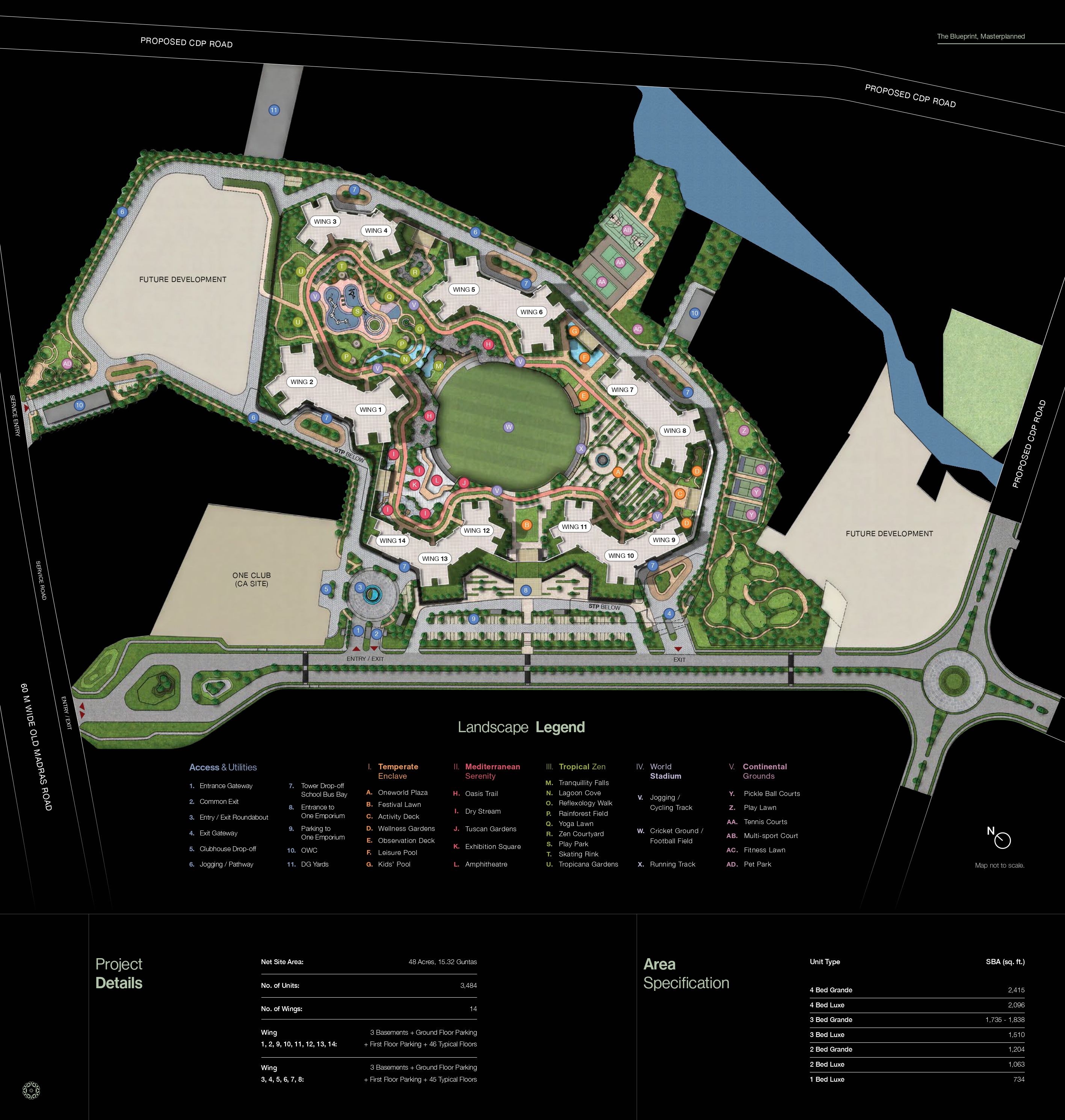 SOBHA OneWorld complete master plan with wing layout and landscape legend